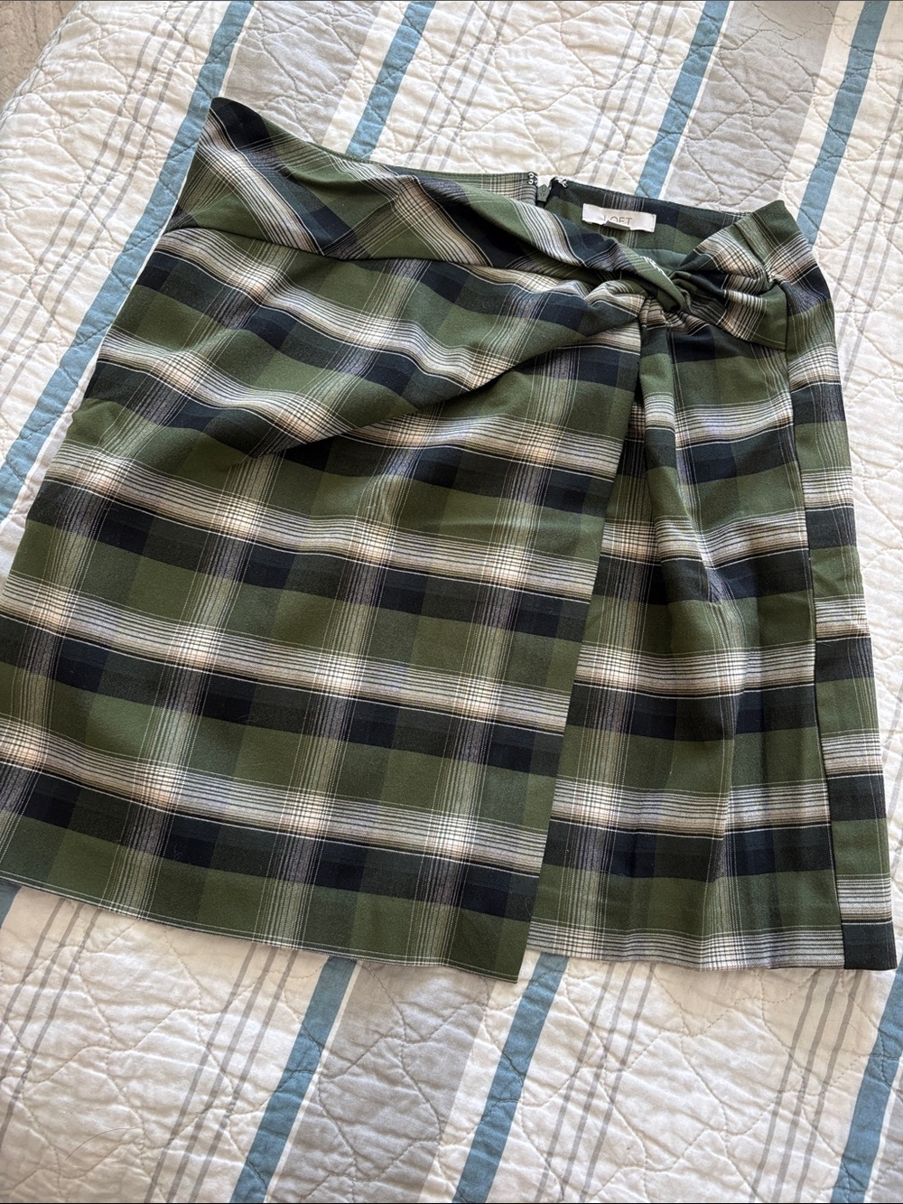 Olive Plaid Faux Wrap Mini Skirt with Front Knot